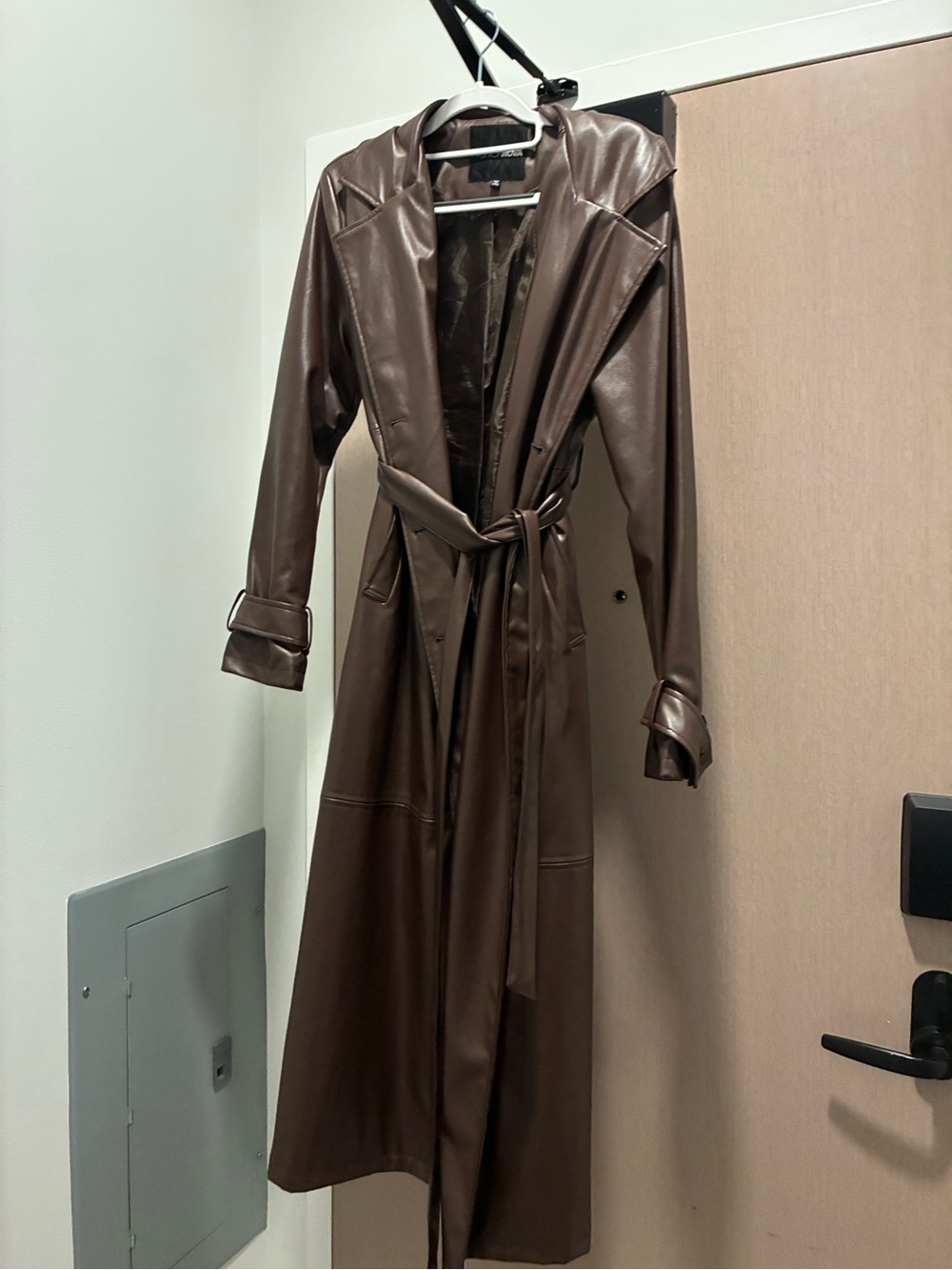 Fashion nova brown faux leather trench coat